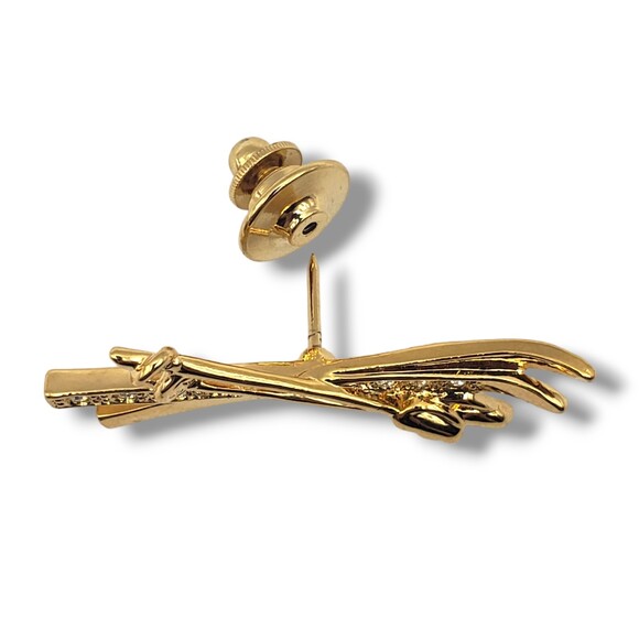 Avon Gold Tone Lapel Pin Tie Tack Skis Poles Rhinestone - Picture 5 of 7